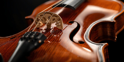 Fototapeta premium Close-Up Polished Violin Body, Glossy Wooden Surface, Intricate F-Holes, Warm Elegant Tones, Musical Instrument