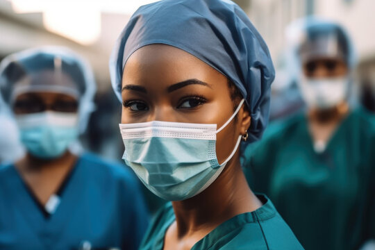 Dedicated female surgeon with kind eyes, masked and gowned, ready to save lives in a modern medical setting - Powered by Adobe