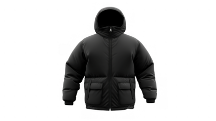 Black hooded puffer jacket for winter sports, created AI, PNG