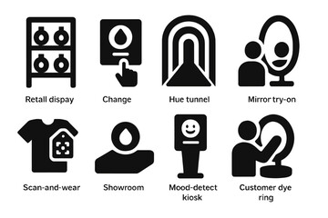 Futuristic Retail Icons. Solid style icons of futuristic retail displays for mood dyes: rack icon, change wall badge, hue tunnel