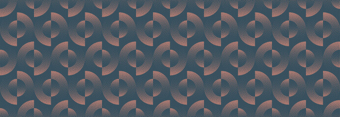 Vector abstract wide panoramic background featuring retro modish halftone circular pattern in brown and blue colours. Grainy textured backdrop gives stylish textile vibe, elegant and vintage-inspired
