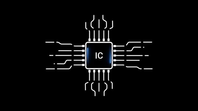 Central IC microchip with glowing blue text and radiating circuit lines on a black background Integrated Circuit