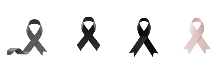 Four awareness ribbons three black and one white against a black background