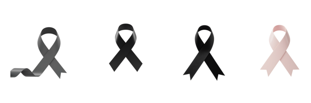Four awareness ribbons three black and one white against a black background