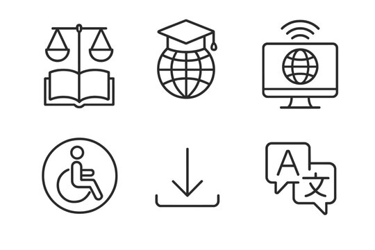 OER Accessibility Icons. Line style icons of equity and access in OER: equal access icon, global learning symbol, internet for