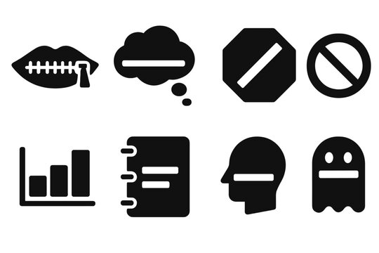 Solid Icon Designs. Solid style icons of unspeakable content training: mouth zip glyph, redacted thought icon, taboo badge.