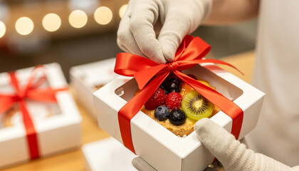 Hands in white gloves holding a gift box with fruit pie decorated with red ribbon