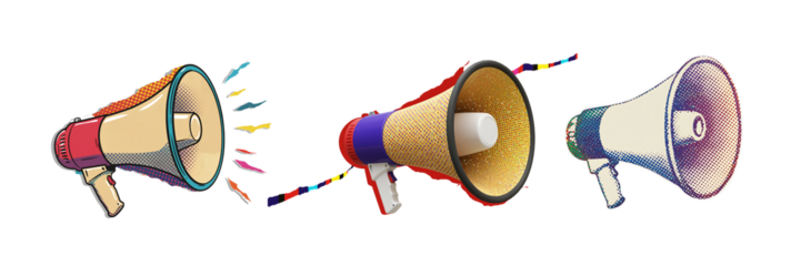 Three colorful megaphones on a black background with a glitch effect