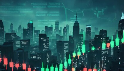 Futuristic cityscape with glowing neon lights and digital data overlays, representing technology and urban development - Powered by Adobe