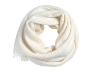 Soft, knitted cream-colored scarf with fringe