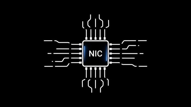 NIC microchip icon with glowing blue text and radiating circuit lines on a black background technology