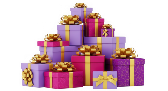 Stack of vibrant gift boxes with golden ribbons isolated on transparent background