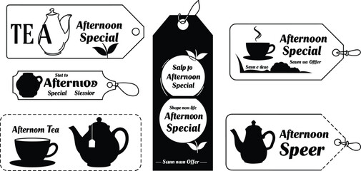 Afternoon tea label design, vintage tea tag, black and white tea sticker, teacup illustration, café branding, tea promotion