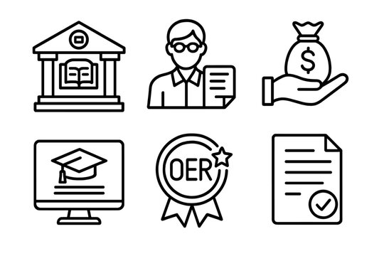 OER Support Icons. Line style icons of institutional OER support: university OER policy icon, librarian with document, grant