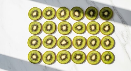 Bright kiwi slices pattern on sunlit marble surface
