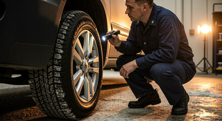 Mechanic inspecting vehicle tire with flashlight in workshop  