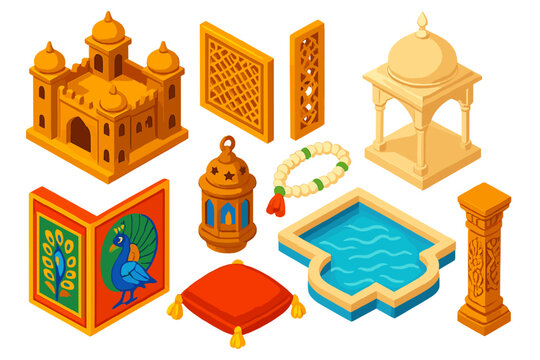 Indian Cultural Heritage. Isometric vector illustration set Cultural heritage &ndash; Indian palace diwan, jali screen, marble pavilion;