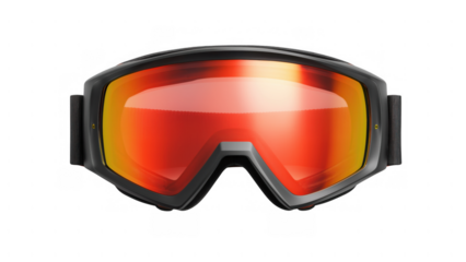 Black frame ski goggles with red-orange lens, created AI, PNG