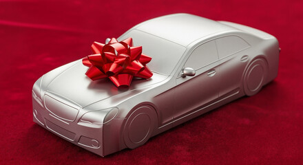Gift box in the shape of a car with a red bow on red background  