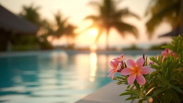 Tropical luxury resort pool with palm defocused sunset, faceless vacation paradise, resort visualization detail, blurred flower background, promotion concept, travel interface, ret