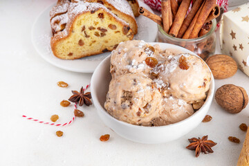 Christmas tasty leftovers stollen ice cream, homemade vanilla spiced gelato with stollen or Panettone leftovers after Christmas pastry, simple holiday food recipes