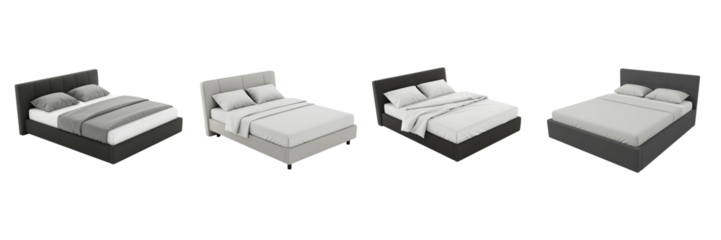 Four different styles of modern beds with bedding on a black background