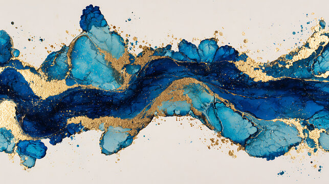 Deep blue and turquoise fluid art with gold accents abstract ink painting