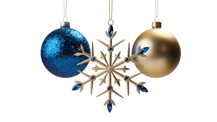Three festive christmas ornaments including a sparkling snowflake and two shiny baubles hanging isolated on transparent background