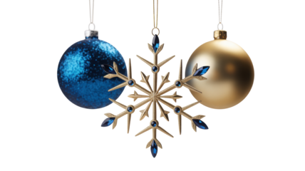 Three festive christmas ornaments including a sparkling snowflake and two shiny baubles hanging isolated on transparent background