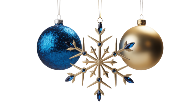 Three festive christmas ornaments including a sparkling snowflake and two shiny baubles hanging isolated on transparent background