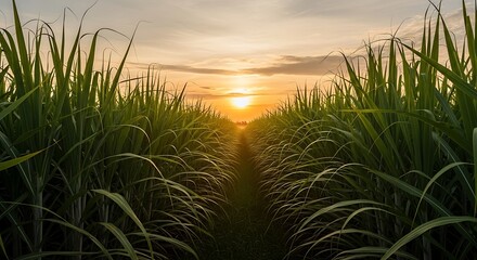 Golden Hour Sunset Over Lush Sugarcane Field.