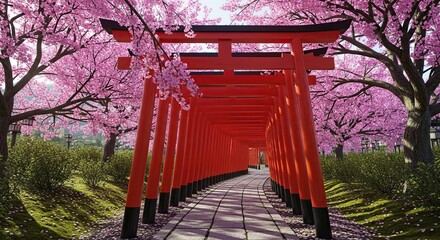 Path lined with red torii gates and blooming cherry blossom trees