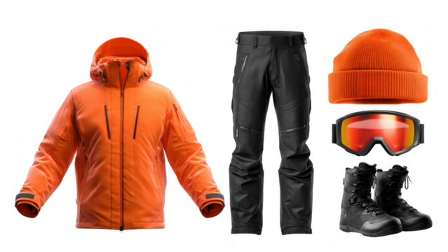 Orange winter jacket, pants, goggles, boots, beanie, created AI, PNG