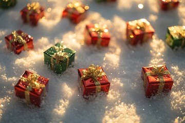Adorable miniature gifts adorned with red and green festive wrapping.