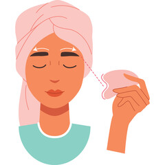 Woman With Pink Towel On Head Gently Massages Face With Pink Gua Sha Stone For Skincare Routine
