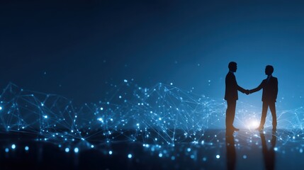Business partners shaking hands with digital backdrop