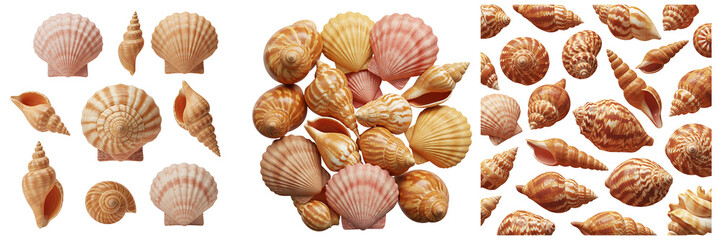 Collection of various seashells and conch shells on a black background