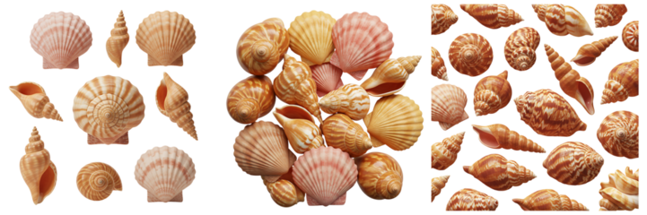 Collection of various seashells and conch shells on a black background
