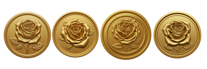 Four ornate oval gold medallions with rose designs on a black background