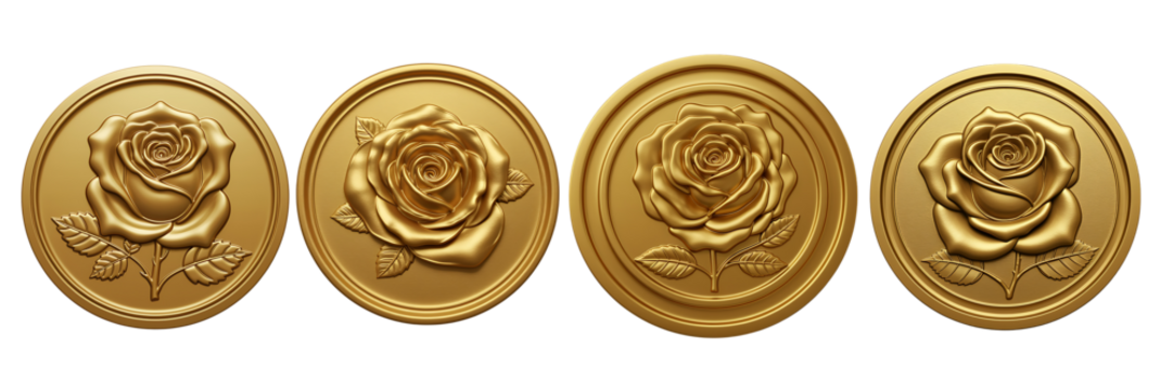 Four ornate oval gold medallions with rose designs on a black background