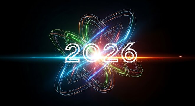 Futuristic 2026 Atom Symbol with Neon Lights.
