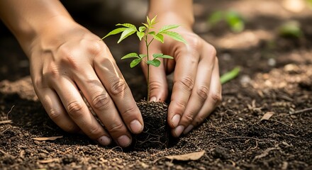 Hands planting a small seedling in fertile soil, symbolizing growth and new beginnings.