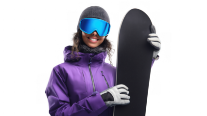 Woman in a purple jacket and gloves holds a snowboard, created AI, PNG