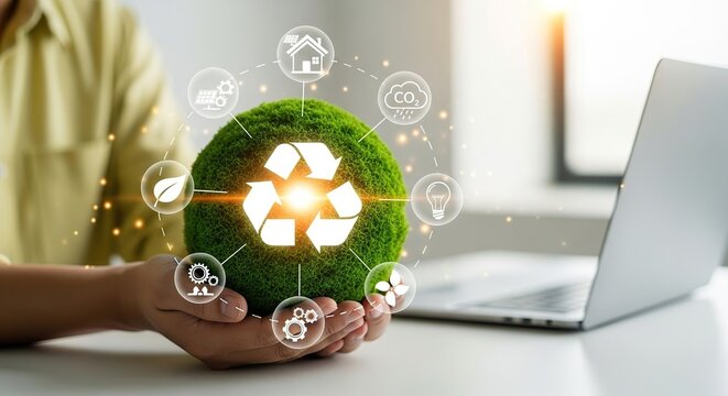 Hands holding a green globe with recycling symbol and icons