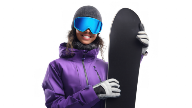 Woman in a purple jacket and gloves holds a snowboard, created AI, PNG