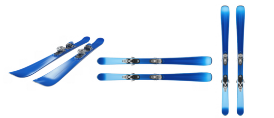 Two pairs of blue skis with bindings on white, created AI, PNG