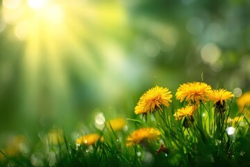 Close up of vibrant yellow dandelion flowers in green grass