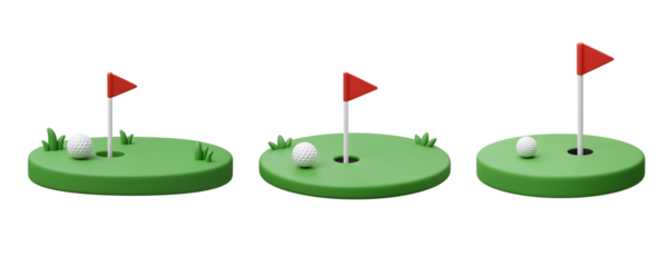 Three cartoon golf holes with flags and golf balls on green grass