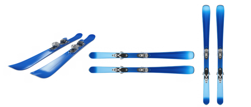 Two pairs of blue skis with bindings on white, created AI, PNG