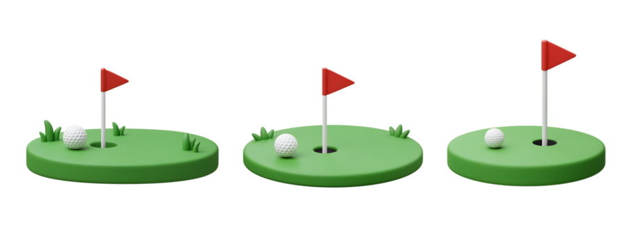 Three cartoon golf holes with flags and golf balls on green grass